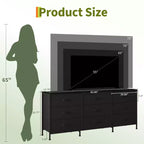 Meuble TV large de 160 cm avec 9 tiroirs en tissu, console média et organiseur de rangement avec cadre en métal et plateau en bois, 68 cm de profondeur pour salon et chambre