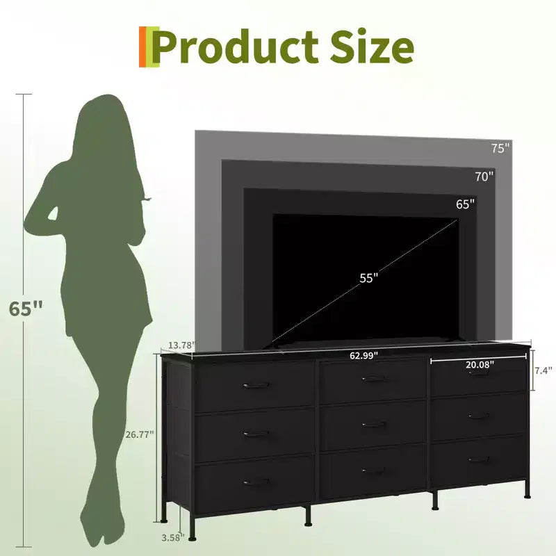 Meuble TV large de 160 cm avec 9 tiroirs en tissu, console média et organiseur de rangement avec cadre en métal et plateau en bois, 68 cm de profondeur pour salon et chambre