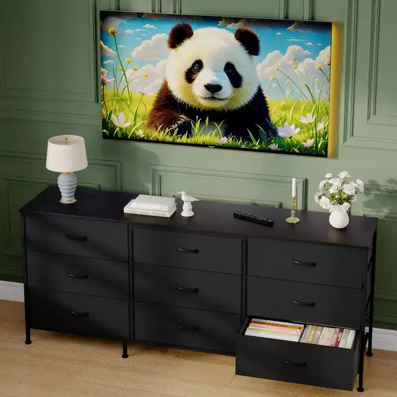 Meuble TV large de 160 cm avec 9 tiroirs en tissu, console média et organiseur de rangement avec cadre en métal et plateau en bois, 68 cm de profondeur pour salon et chambre