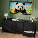 Meuble TV large de 160 cm avec 9 tiroirs en tissu, console média et organiseur de rangement avec cadre en métal et plateau en bois, 68 cm de profondeur pour salon et chambre