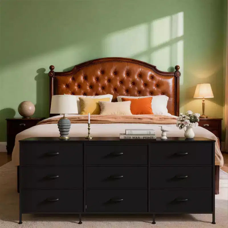 Meuble TV large de 160 cm avec 9 tiroirs en tissu, console média et organiseur de rangement avec cadre en métal et plateau en bois, 68 cm de profondeur pour salon et chambre