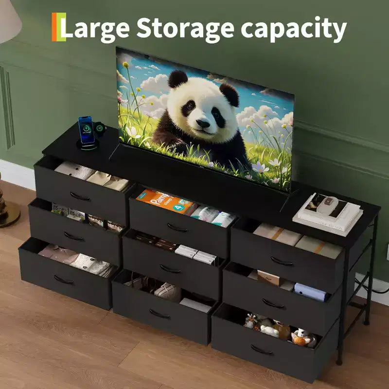 Meuble TV large de 160 cm avec 9 tiroirs en tissu, console média et organiseur de rangement avec cadre en métal et plateau en bois, 68 cm de profondeur pour salon et chambre