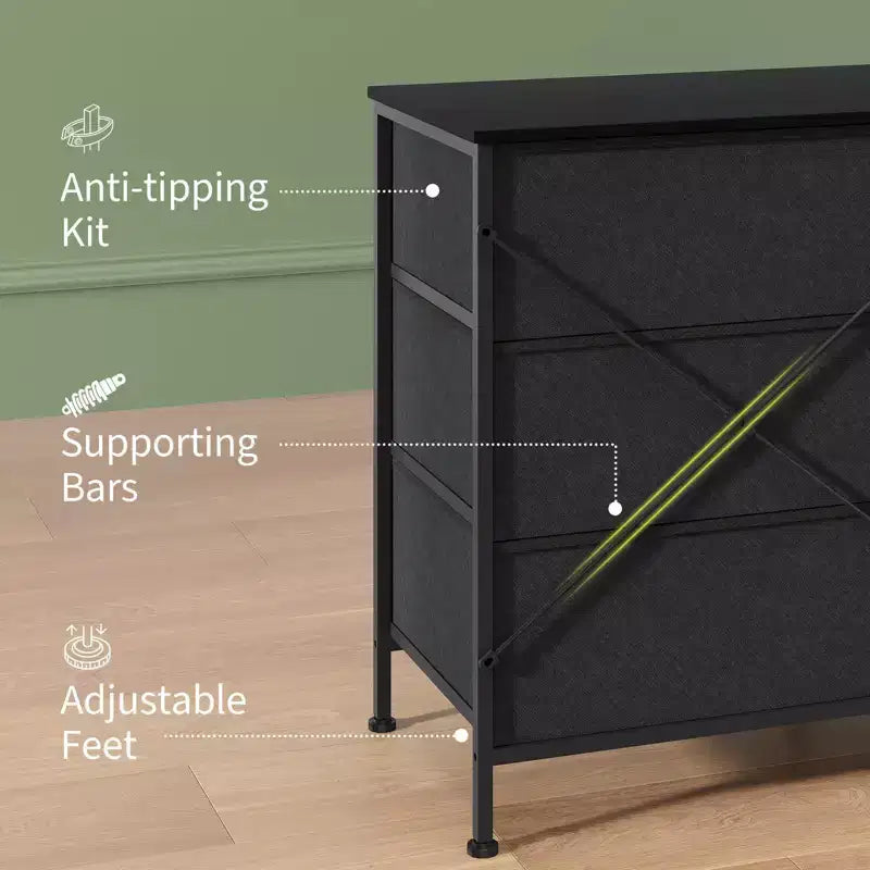 Meuble TV large de 160 cm avec 9 tiroirs en tissu, console média et organiseur de rangement avec cadre en métal et plateau en bois, 68 cm de profondeur pour salon et chambre