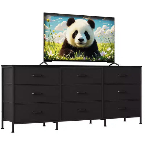 63 Wide TV Stand with 9 Fabric Drawers,Metal Frame Media Console & Storage Organizer Featuring a Wooden Top, 27 Deep for Living Room,Bedroom