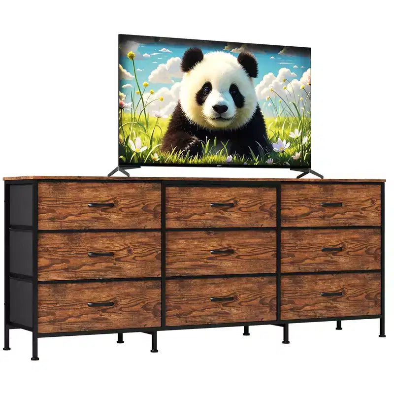 Meuble TV large de 160 cm avec 9 tiroirs en tissu, console média et organiseur de rangement avec cadre en métal et plateau en bois, 68 cm de profondeur pour salon et chambre