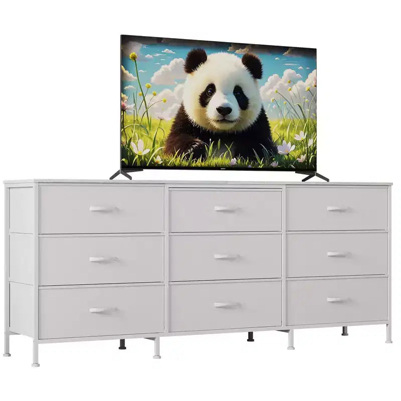 Meuble TV large de 160 cm avec 9 tiroirs en tissu, console média et organiseur de rangement avec cadre en métal et plateau en bois, 68 cm de profondeur pour salon et chambre
