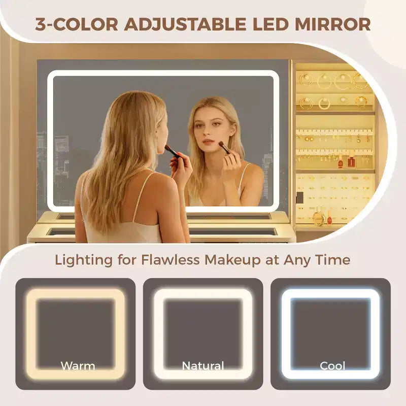 COZONY Coiffeuse 48 cannelures avec miroir et lumières LED, station de charge, tabouret de rangement capitonné pour chambre à coucher
