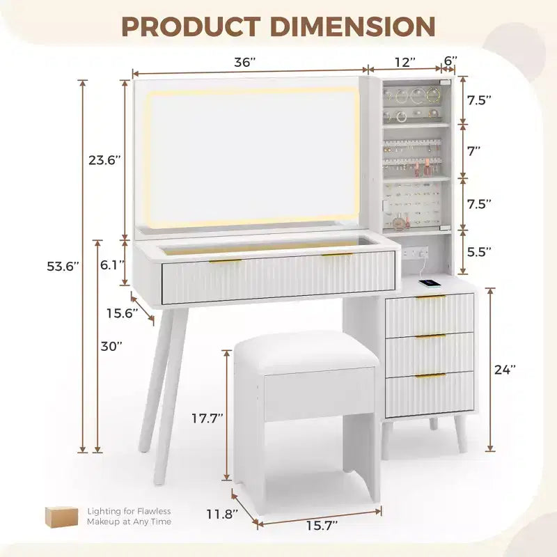 COZONY Coiffeuse 48 cannelures avec miroir et lumières LED, station de charge, tabouret de rangement capitonné pour chambre à coucher