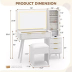 COZONY Coiffeuse 48 cannelures avec miroir et lumières LED, station de charge, tabouret de rangement capitonné pour chambre à coucher