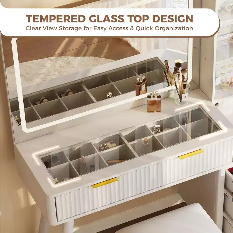 COZONY Coiffeuse 48 cannelures avec miroir et lumières LED, station de charge, tabouret de rangement capitonné pour chambre à coucher