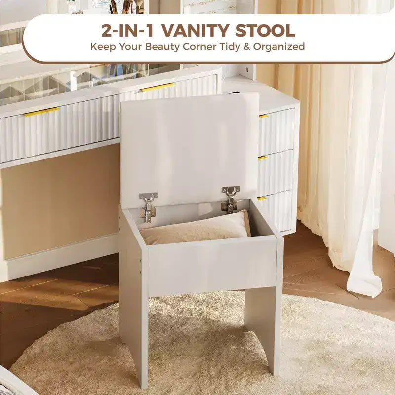 COZONY Coiffeuse 48 cannelures avec miroir et lumières LED, station de charge, tabouret de rangement capitonné pour chambre à coucher