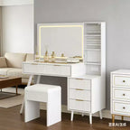 COZONY Coiffeuse 48 cannelures avec miroir et lumières LED, station de charge, tabouret de rangement capitonné pour chambre à coucher