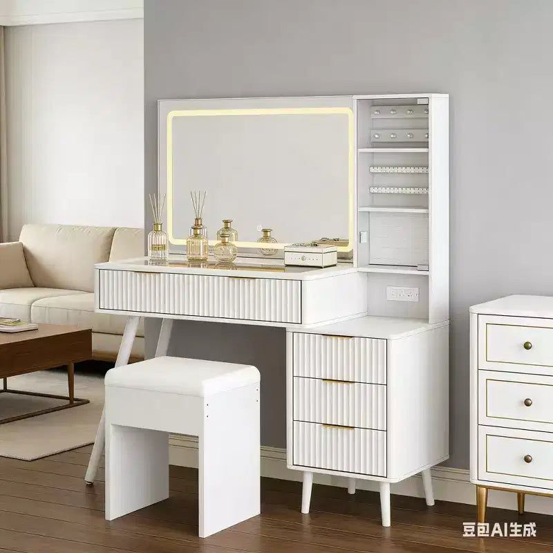 COZONY Coiffeuse 48 cannelures avec miroir et lumières LED, station de charge, tabouret de rangement capitonné pour chambre à coucher