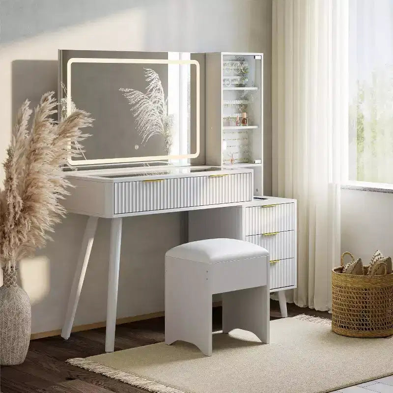 COZONY Coiffeuse 48 cannelures avec miroir et lumières LED, station de charge, tabouret de rangement capitonné pour chambre à coucher