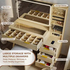COZONY Coiffeuse 48 cannelures avec miroir et lumières LED, station de charge, tabouret de rangement capitonné pour chambre à coucher