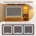 COZONY Coiffeuse 48 cannelures avec miroir et lumières LED, station de charge, tabouret de rangement capitonné pour chambre à coucher