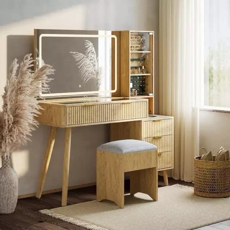 COZONY Coiffeuse 48 cannelures avec miroir et lumières LED, station de charge, tabouret de rangement capitonné pour chambre à coucher