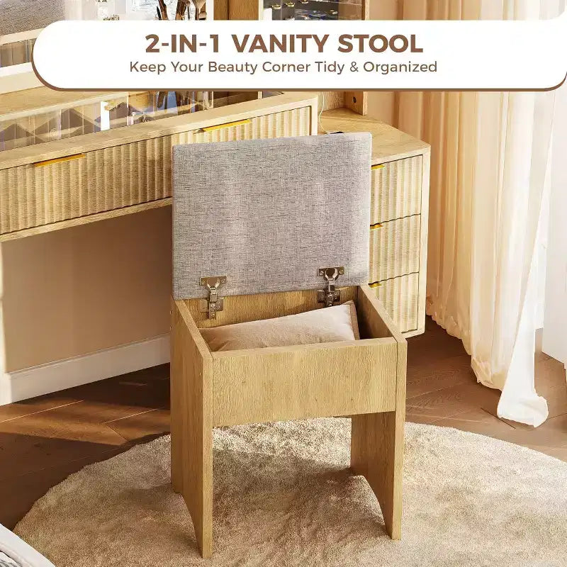 COZONY Coiffeuse 48 cannelures avec miroir et lumières LED, station de charge, tabouret de rangement capitonné pour chambre à coucher