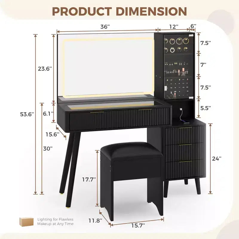 COZONY Coiffeuse 48 cannelures avec miroir et lumières LED, station de charge, tabouret de rangement capitonné pour chambre à coucher