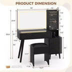 COZONY Coiffeuse 48 cannelures avec miroir et lumières LED, station de charge, tabouret de rangement capitonné pour chambre à coucher