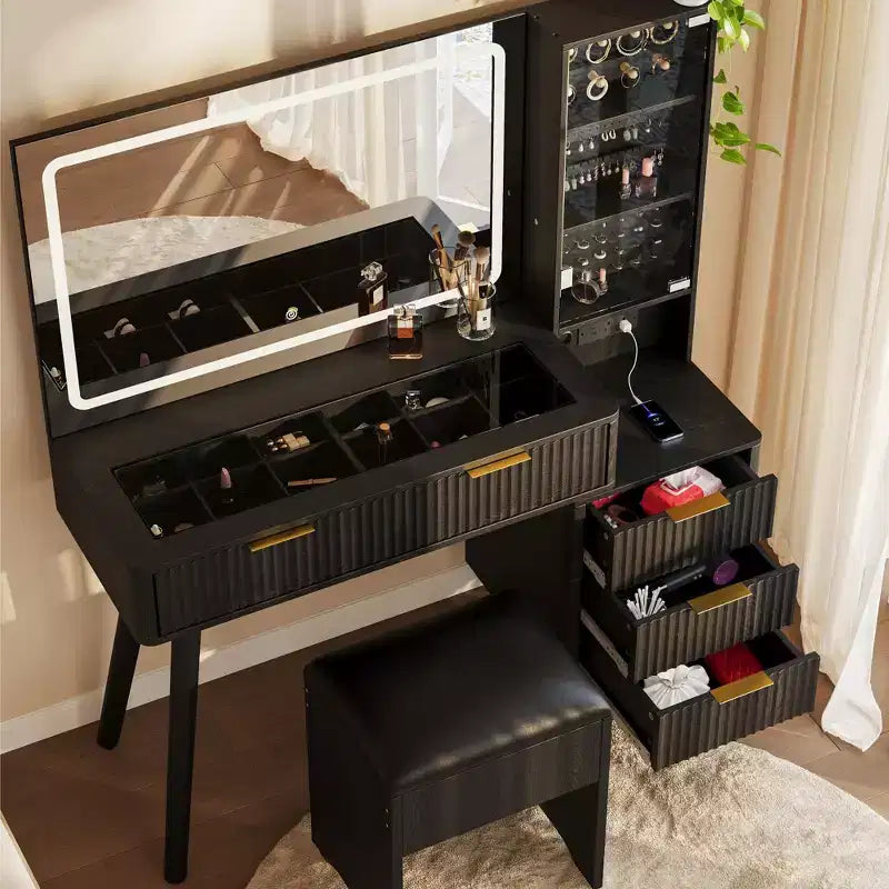 COZONY Coiffeuse 48 cannelures avec miroir et lumières LED, station de charge, tabouret de rangement capitonné pour chambre à coucher