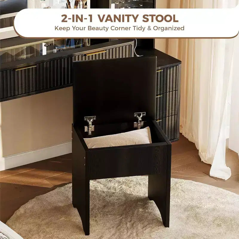 COZONY Coiffeuse 48 cannelures avec miroir et lumières LED, station de charge, tabouret de rangement capitonné pour chambre à coucher