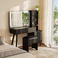 COZONY 48 Fluted Makeup Vanity Desk with Mirror & LED Lights, Charging Station, Cushioned Storage Stool for Bedroom
