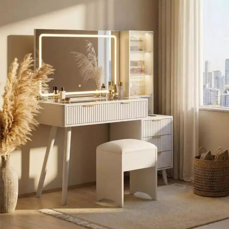 COZONY Coiffeuse 48 cannelures avec miroir et lumières LED, station de charge, tabouret de rangement capitonné pour chambre à coucher