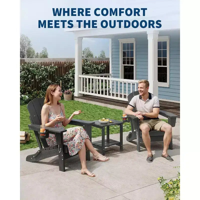 Lot de 2 chaises Adirondack pliantes avec table d'appoint, texture bois HDPE tout temps et porte-gobelet pour terrasse, patio, jardin, noir