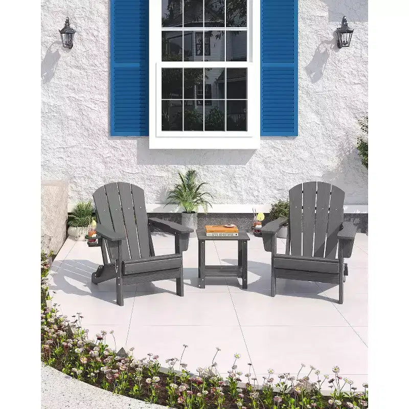 Lot de 2 chaises Adirondack pliantes avec table d'appoint, texture bois HDPE tout temps et porte-gobelet pour terrasse, patio, jardin, noir
