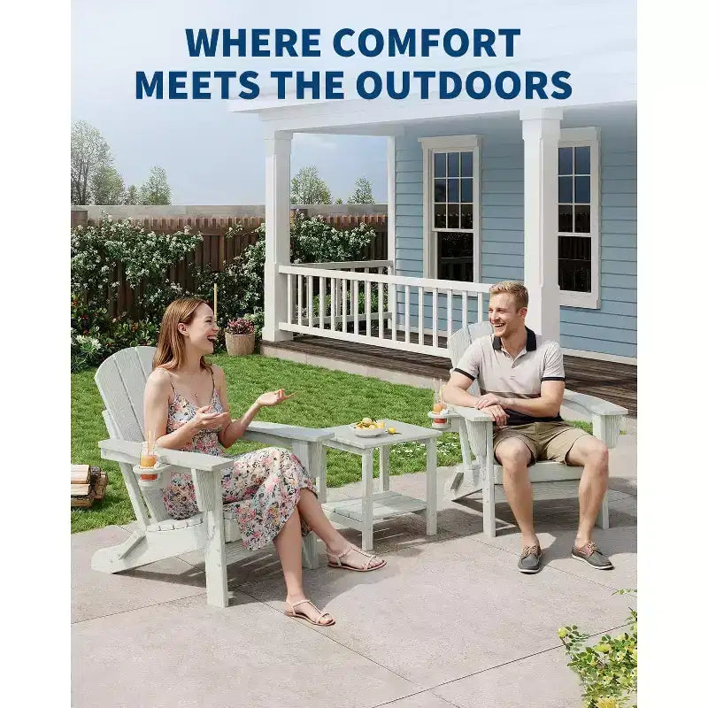 Lot de 2 chaises Adirondack pliantes avec table d'appoint, texture bois HDPE tout temps et porte-gobelet pour terrasse, patio, jardin, noir