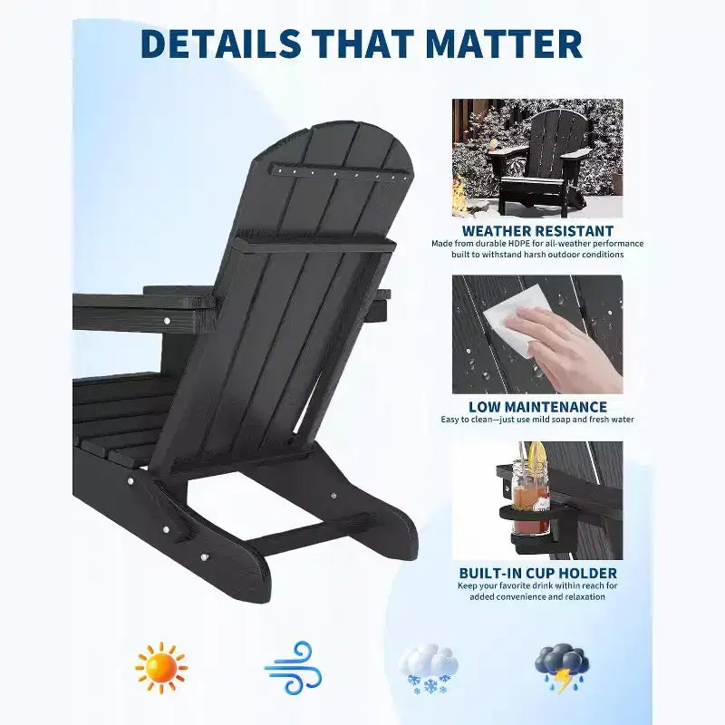 Lot de 2 chaises Adirondack pliantes avec table d'appoint, texture bois HDPE tout temps et porte-gobelet pour terrasse, patio, jardin, noir