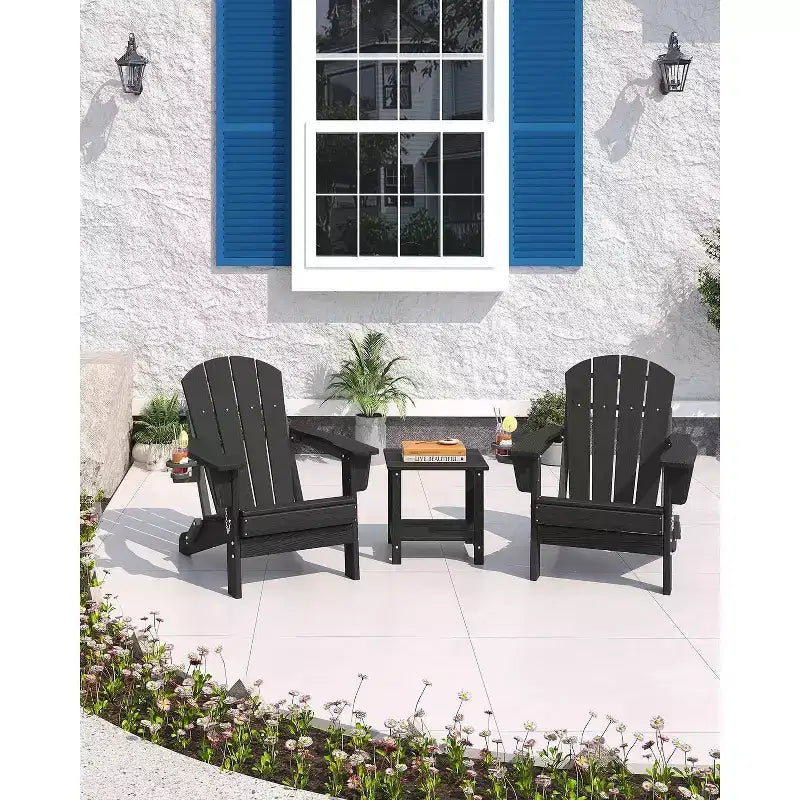 Lot de 2 chaises Adirondack pliantes avec table d'appoint, texture bois HDPE tout temps et porte-gobelet pour terrasse, patio, jardin, noir