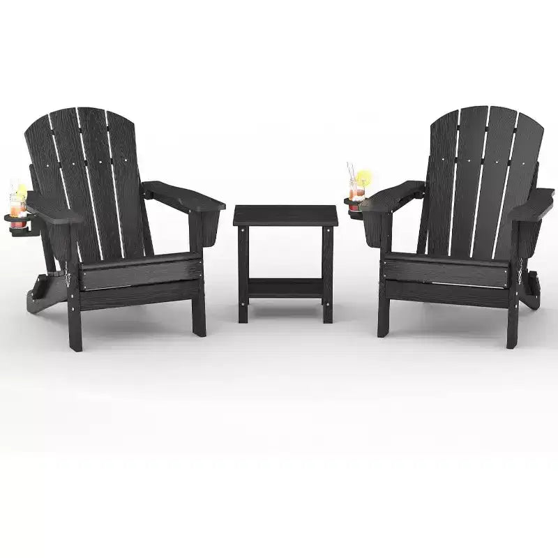 Folding Adirondack Chair Set of 2 with Side Table, All-Weather HDPE Wooden Texture & Cup Holder for Patio Deck Garden, Black