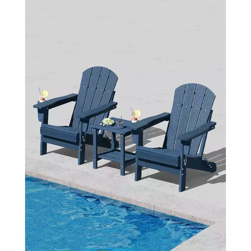 Lot de 2 chaises Adirondack pliantes avec table d'appoint, texture bois HDPE tout temps et porte-gobelet pour terrasse, patio, jardin, noir