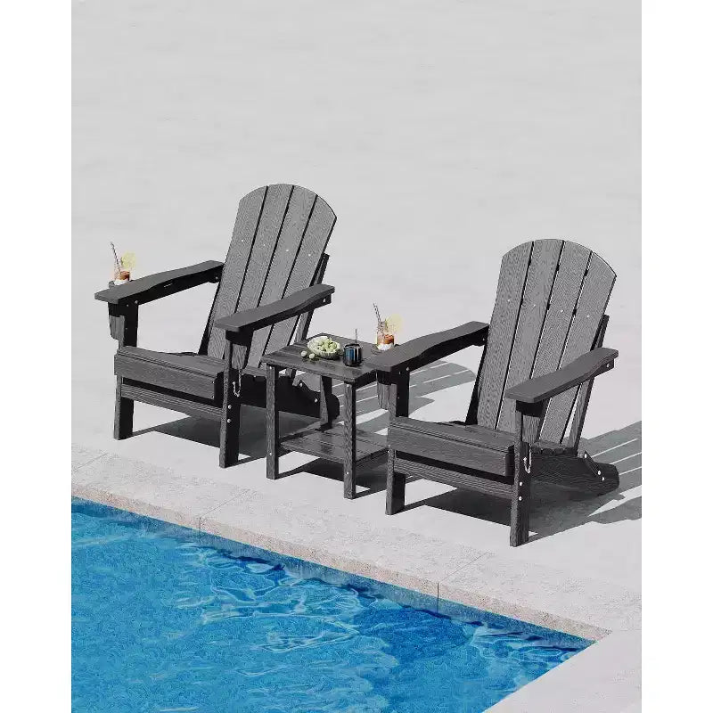 Lot de 2 chaises Adirondack pliantes avec table d'appoint, texture bois HDPE tout temps et porte-gobelet pour terrasse, patio, jardin, noir