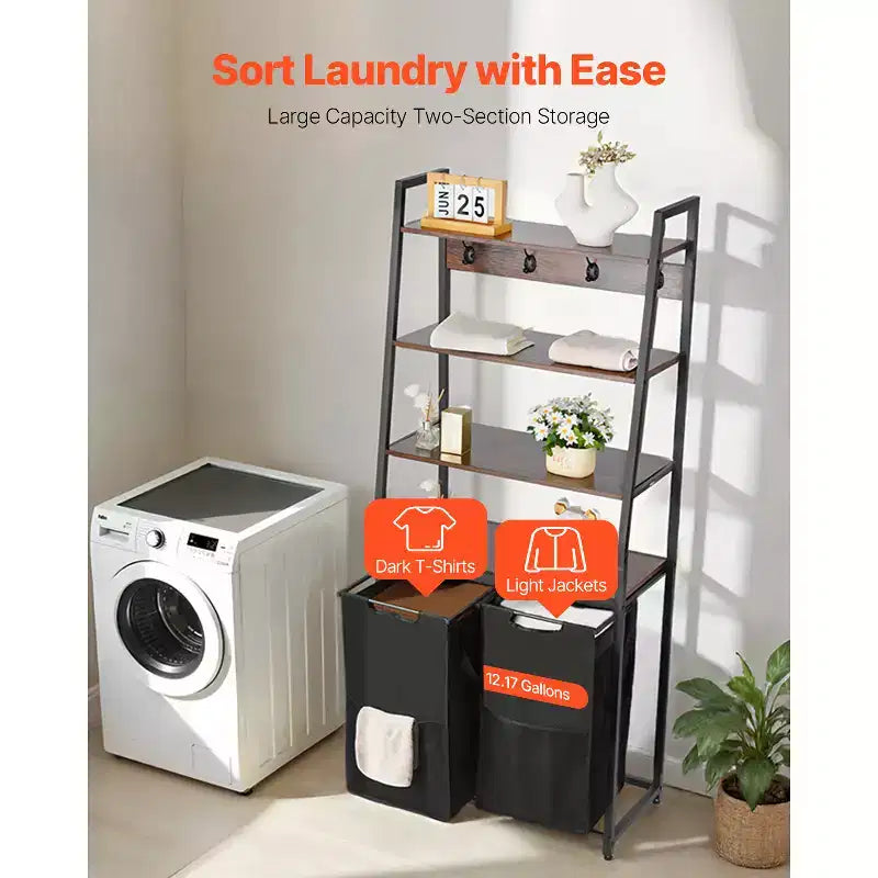 VEVOR Tri-séparateur de linge à 4 niveaux, Panier à linge haut avec étagères et crochets, Organisateur de rangement autonome à 2 sections, Noir
