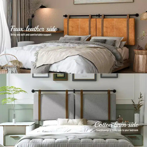 Tête de lit murale rembourrée ACOINEL, réversible et réglable en hauteur, sangles en similicuir style moderne