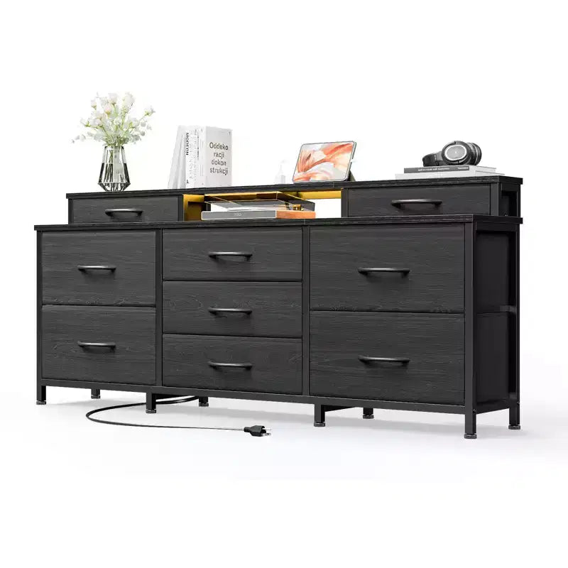 Commode TV LED noire avec station de charge, 9 tiroirs en tissu, meuble de rangement, grand meuble de divertissement multimédia, étagères pour chambre et dortoir