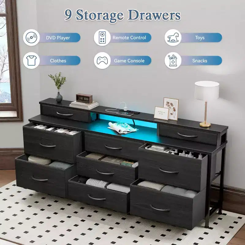 Commode TV LED noire avec station de charge, 9 tiroirs en tissu, meuble de rangement, grand meuble de divertissement multimédia, étagères pour chambre et dortoir