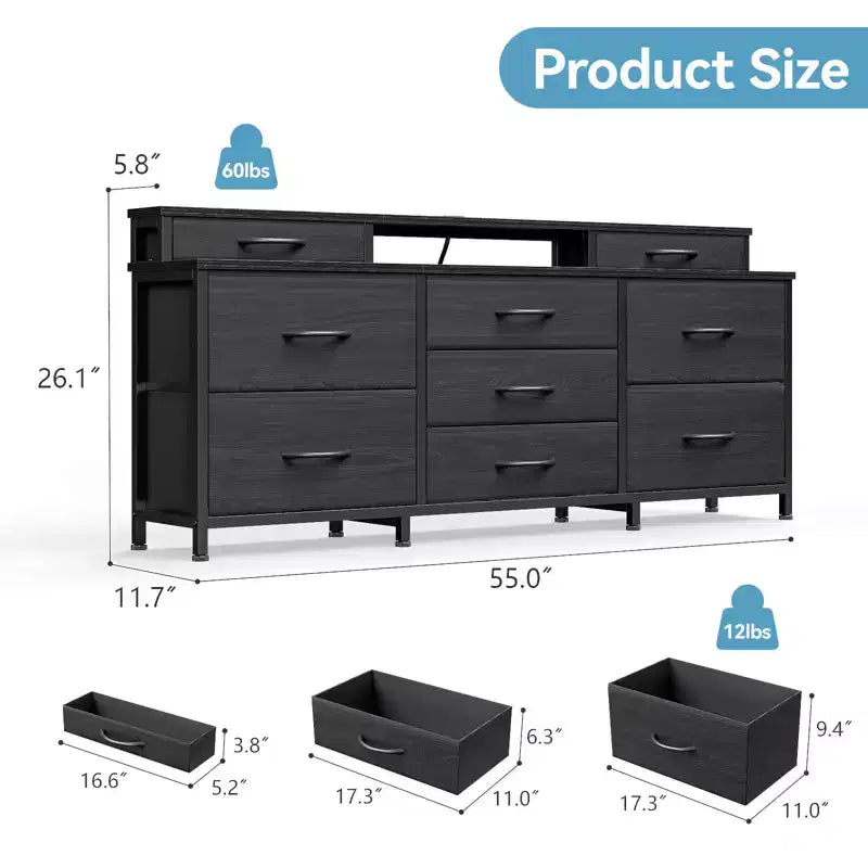 Commode TV LED noire avec station de charge, 9 tiroirs en tissu, meuble de rangement, grand meuble de divertissement multimédia, étagères pour chambre et dortoir