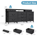 Commode TV LED noire avec station de charge, 9 tiroirs en tissu, meuble de rangement, grand meuble de divertissement multimédia, étagères pour chambre et dortoir
