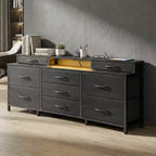 Commode TV LED noire avec station de charge, 9 tiroirs en tissu, meuble de rangement, grand meuble de divertissement multimédia, étagères pour chambre et dortoir