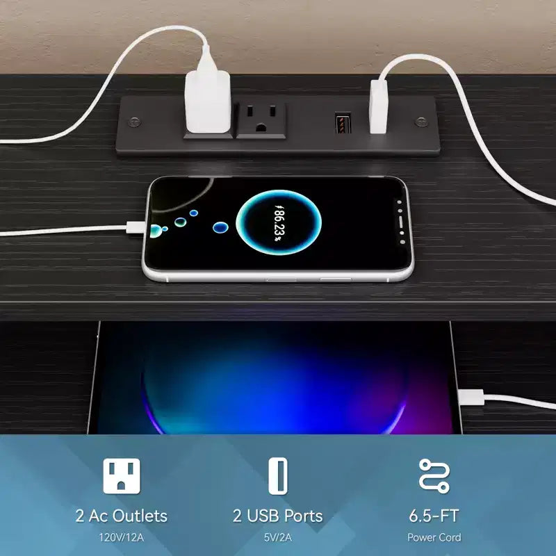 Commode TV LED noire avec station de charge, 9 tiroirs en tissu, meuble de rangement, grand meuble de divertissement multimédia, étagères pour chambre et dortoir