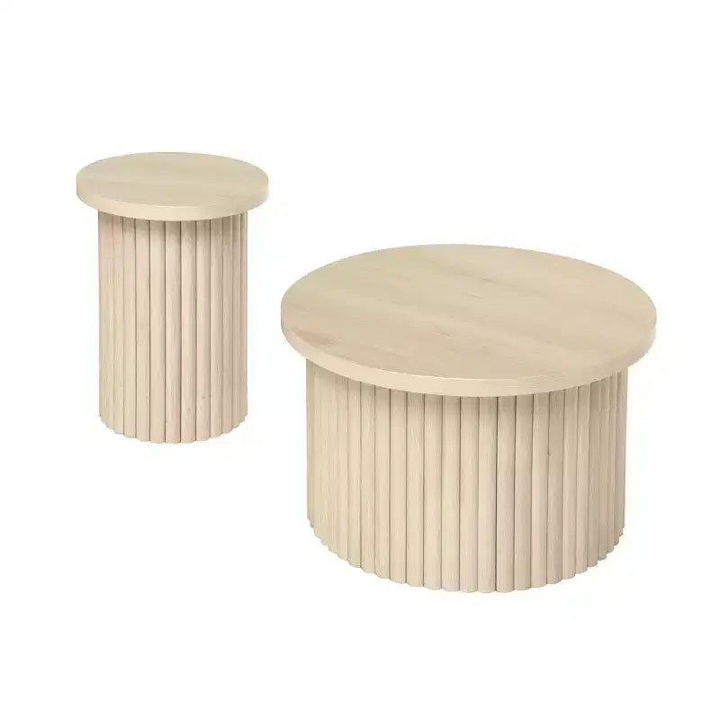 Tables basses rondes cannelées FurnitureR, lot de 2 tables gigognes en bois naturel pour salon ou lounge