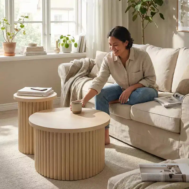 Tables basses rondes cannelées FurnitureR, lot de 2 tables gigognes en bois naturel pour salon ou lounge