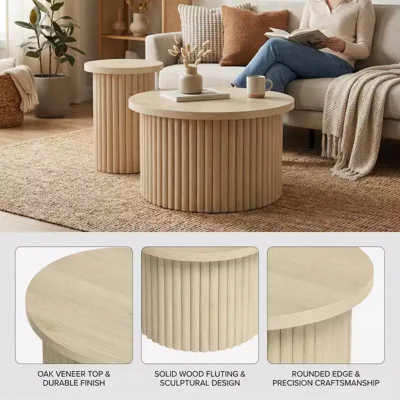 Tables basses rondes cannelées FurnitureR, lot de 2 tables gigognes en bois naturel pour salon ou lounge