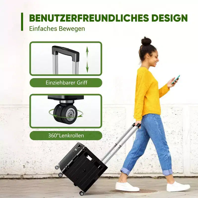 Chariot de courses pliable noir de 65 L avec poignée télescopique et roulettes pivotantes à 360°, chariot utilitaire robuste pour l'épicerie, le bureau, les voyages