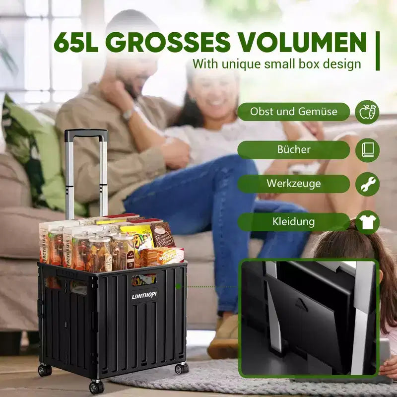 Chariot de courses pliable noir de 65 L avec poignée télescopique et roulettes pivotantes à 360°, chariot utilitaire robuste pour l'épicerie, le bureau, les voyages