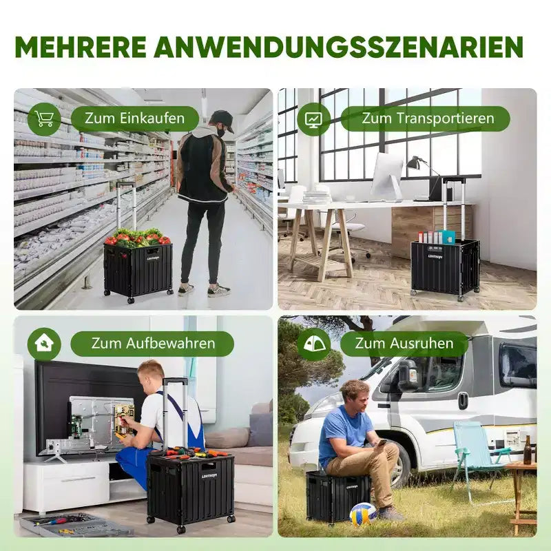 Chariot de courses pliable noir de 65 L avec poignée télescopique et roulettes pivotantes à 360°, chariot utilitaire robuste pour l'épicerie, le bureau, les voyages